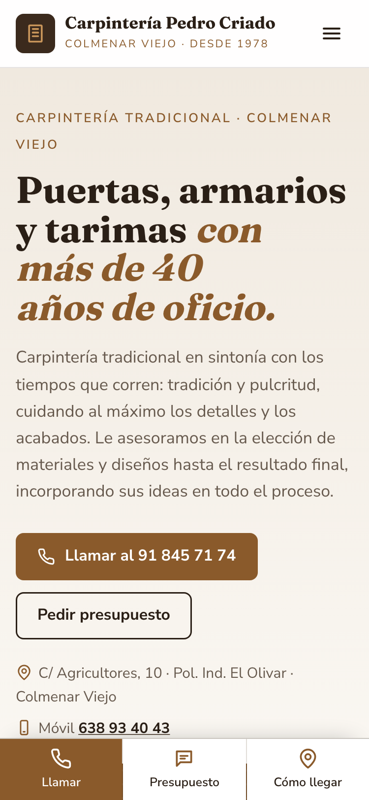 Captura de la web nueva de Carpintería Pedro Criado en un móvil